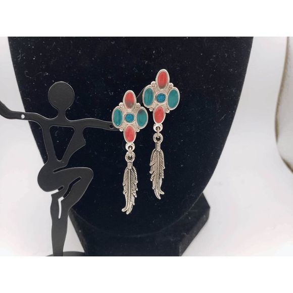 Silver-tone Turquoise/Red Star Earrings Jewelry - Silver-tone and Turquoise/Red Diamond Star w/Feathers Earrings - 2" inches